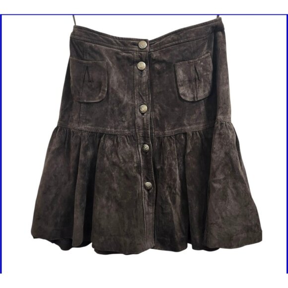 LOFT Brown Suede Button Front Skirt High Waist Ruffle Hem Flap Pockets Boho 8 - Picture 2 of 11